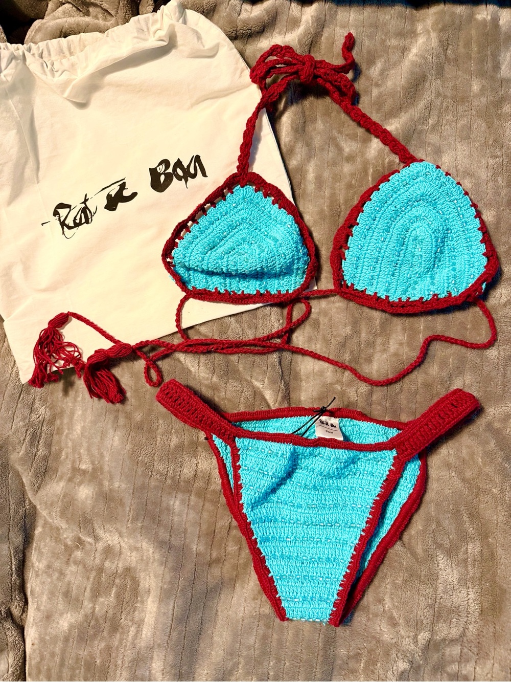 Rat & Boa Turquoise Crochet w/beading Bikini Set with Burgundy Trim - Size M